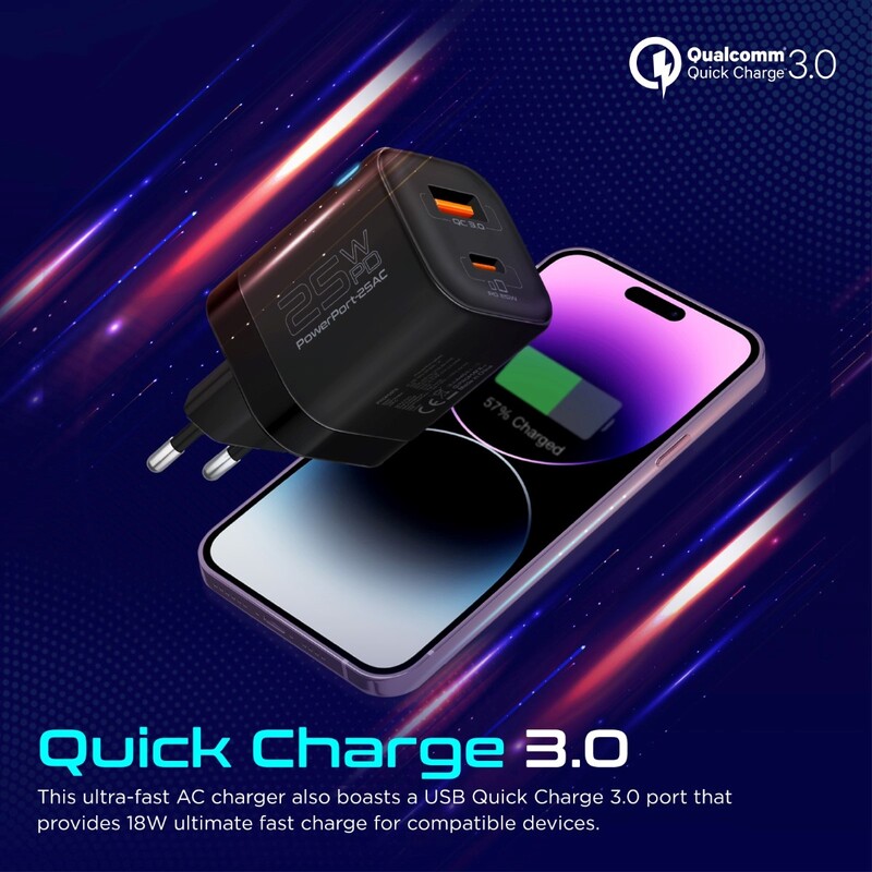 Promate Wall Charger, Compact 25W USB-C Power Delivery AC Charger with 18W QC 3.0 Charging Port, Adaptive Smart Charging and Short-Circuit Protection for iPhone 14, Galaxy S23, iPad Air